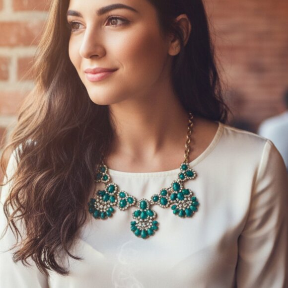 J. Crew Green and Gold Floral Necklace Statement Piece - Picture 1 of 5